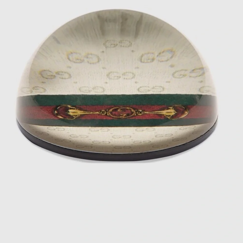 NWB  GUCCI GG MONOGRAM GLASS DOMED PAPERWEIGHT with WEB & HORSEBIT